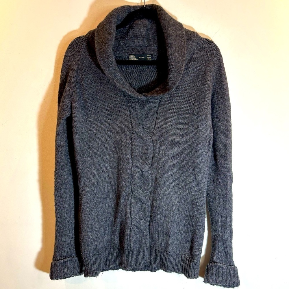 ZARA KNIT Sz L Wool Acrylic Alpaca Turned Collar Cable Pattern Sweater